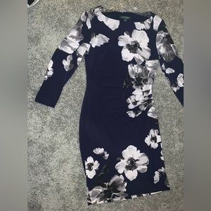 LAUREN by Ralph Lauren- long sleeved black and white floral dress.